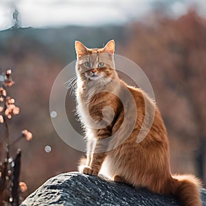 AI generated illustration of an orange-furred cat is perched atop a large, rocky surface