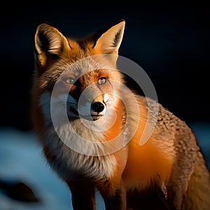 AI generated illustration of an orange-furred fo in a snowy winter landscape on a sunny day
