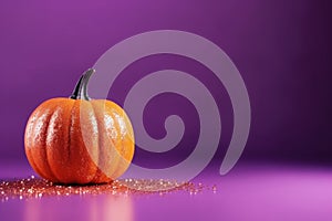 AI generated illustration of an orange glittered pumpkin in front of a purple background