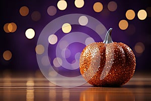 AI generated illustration of an orange glittered pumpkin in front of a purple bokeh background