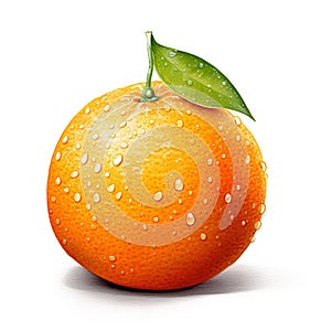 AI generated illustration of an orange with a green leaf with water droplets on the white background