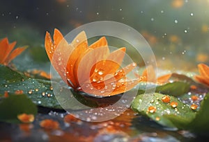 AI generated illustration of an orange lotus in the rain