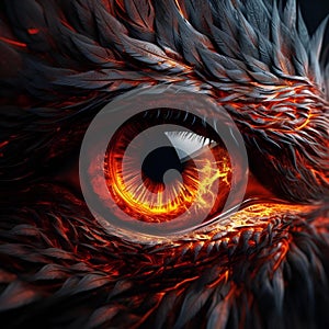 AI generated illustration of an orange-red dragon eye with a vibrant orange flame