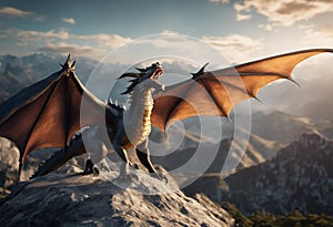 AI generated illustration of An orange and yellow dragon on a rocky outcrop