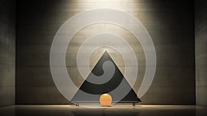 AI generated illustration of an orangeball on the floor in front of a black triangular shape