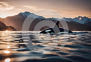 AI generated illustration of an Orcinus orca whale swims gracefully in the ocean at sunset