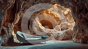 AI generated illustration of outdoor cave space with a centrally placed couch