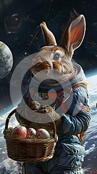 AI generated illustration of an outer space rabbit holds a basket of Easter eggs