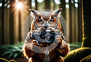 AI generated illustration of an owl bird using a camera to take a photo
