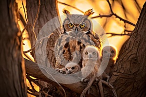 AI generated illustration of an owl and chicks perched on a branch of a tree