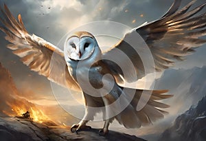 AI generated illustration of an owl perched on rocks in a rugged landscape