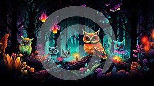 AI generated illustration of owls perched atop a rustic tree trunk in a colorful landscape