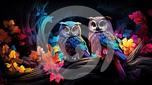 AI generated illustration of owls perched atop a rustic tree trunk in a colorful landscape