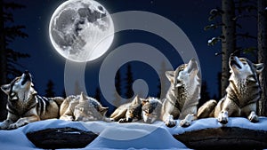 AI generated illustration of a pack of wolves atop a log illuminated by a glowing full moon