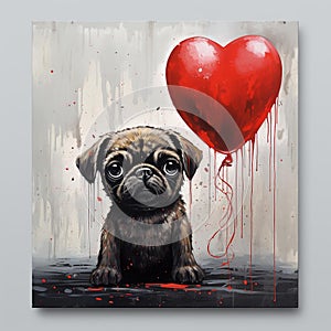 AI generated illustration of a painting of a pug with a red heart shaped balloon