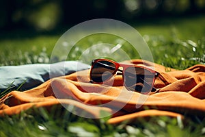 AI generated illustration of a pair of dark-tinted sunglasses laying on a bright yellow blanket