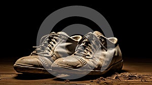 AI-generated illustration of a pair of dirty shoes lying on a wooden floor with a black background