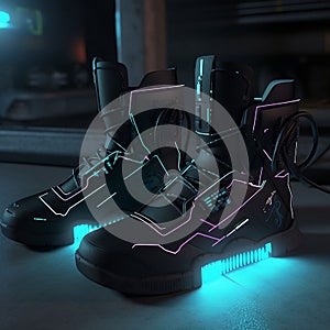 AI generated illustration of a pair of futuristic shoes with neon lights