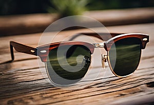 AI-generated illustration of a pair of green Clubmaster sunglasses resting on a wooden surface