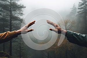 AI generated illustration of a pair of hands reaching outwards in a tranquil forest setting