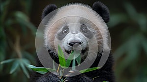 AI generated illustration of a panda sitting on a rock munching on tree leaves