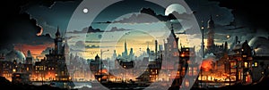 AI-generated illustration of a panoramic view of a storybook city at night