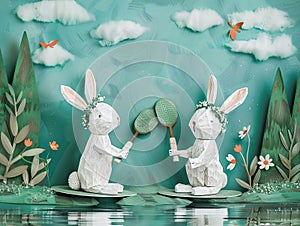 AI generated illustration of paper bunnies frolic by water with a tennis racket