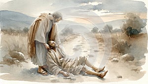 Parable of the Good Samaritan. 13th Parable of Jesus Christ. Watercolor Biblical Illustration photo