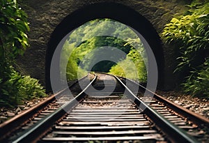 AI generated illustration of parallel train tracks inside a tunnel surrounded by lush vegetation