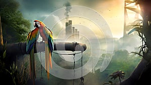 AI generated illustration of a parrot perched atop a smoking pipe against billowing white smoke