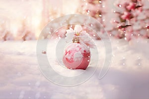 AI-generated illustration of a pastel pink Christmas ornament in a wintery landscape