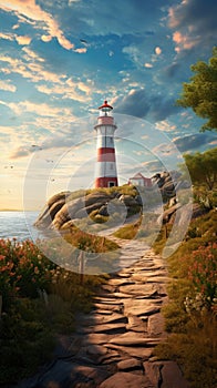 AI generated illustration of a pathway that leads to a lighthouse on a rocky beach shoreline