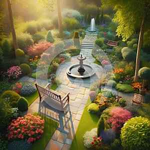 AI generated illustration of a peaceful outdoor garden scene, featuring a serene stone bench