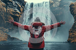 AI generated illustration of a person in a red jacket admiring a waterfall in nature