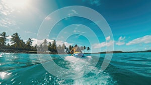 AI generated illustration of a person riding jet ski through the crystal clear blue water