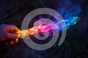 AI generated illustration of a person wielding a wand surrounded by billowing smoke