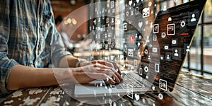 AI generated illustration of a person working on laptop surrounded by digital images on a table photo