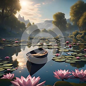 a painting of a boat that is sitting in a pond with water lillies