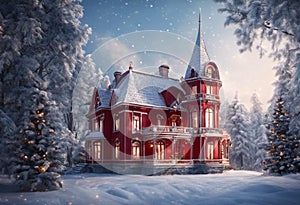 AI generated illustration of A picture of a large, red-colored house  in a wintery snowy forest