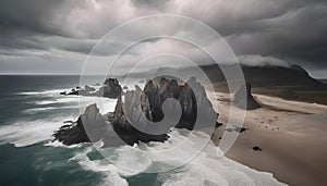 AI generated illustration of a picturesque beach and ocean landscape under a somber grey sky