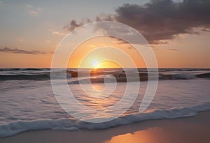 AI generated illustration of a picturesque beach sunset with waves rolling onto the shoreline