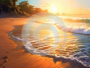 AI generated illustration of a picturesque beach with waves lapping against the shoreline at sunset