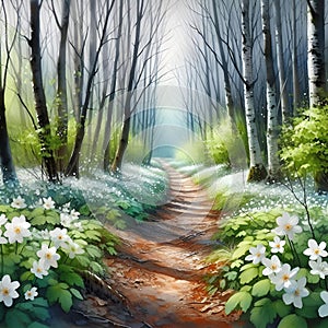 AI generated illustration of a picturesque painting of a forest path