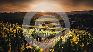 AI generated illustration of a picturesque sunrise in a French vineyard