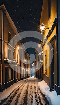 AI generated illustration of a picturesque view of a winter alleyway, illuminated by street lamps