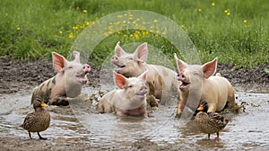 AI generated illustration of pigs frolicking in a mud puddle with ducks