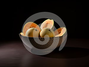 AI generated illustration of a pile of fresh, ripe Muskmelons in a ceramic bowl