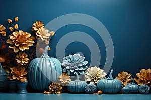 AI generated illustration of a pile of pumpkins on a blue background