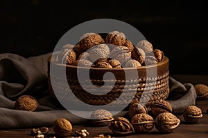 AI generated illustration of a pile of walnuts on a dark brown cloth resting on a flat surface