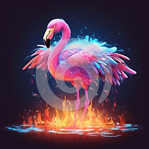 AI generated illustration of a pink flamingo with bright and fiery flames licking up around feathers